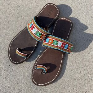 Aspiga Brown‎ Leather Hand Crafted Beaded Toe Loop Sandals Boho Hippie Slides 39
